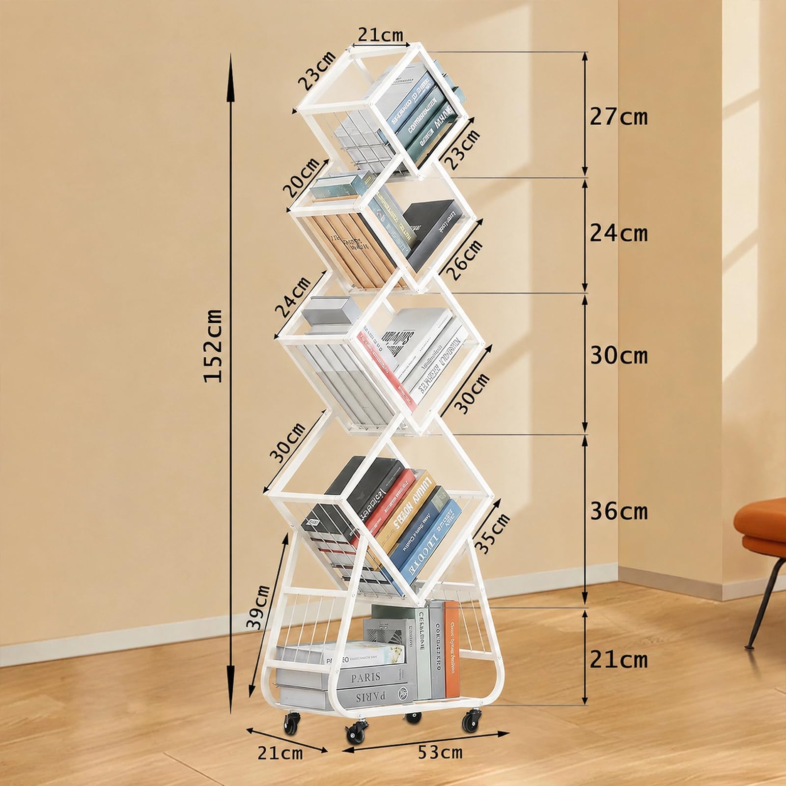 Bücherregal Drehbar Schwarz, Drehbares Bücherregal 5 Etagen, 360°Book Shelf, Bücherregal Mit Rollen, für Wohnzimmer Schlafzimmer Büro (Weiß)