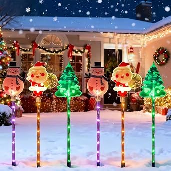 6-Pack Moving Christmas Lights, Snowman Tree Santa Christmas Lights Solar, LED Waterproof Outdoor Decorative Lantern, Holiday Decoration for Courtyard, Porches, Pathway, Patio