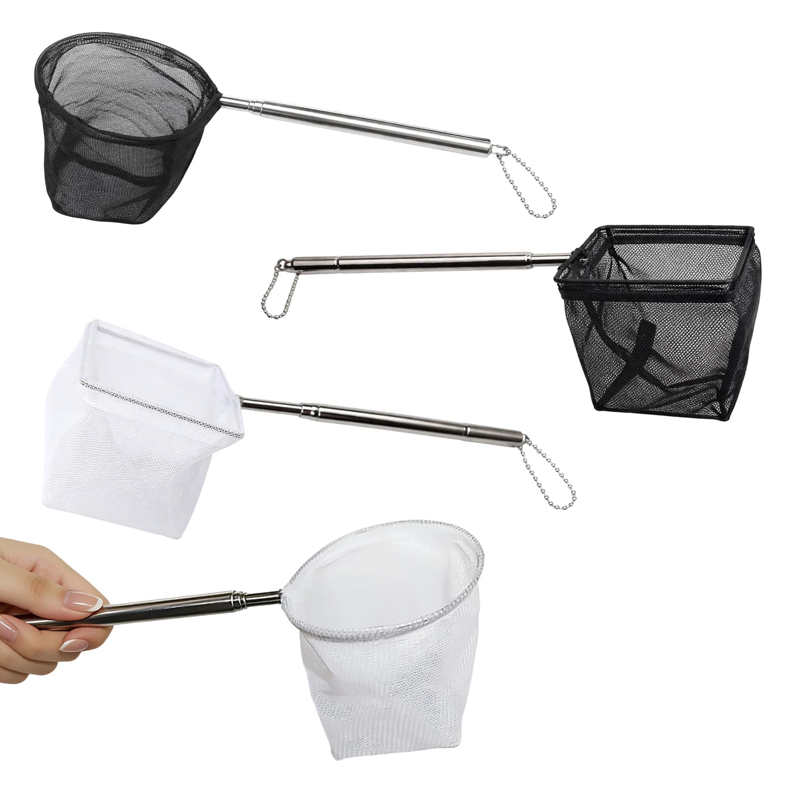 4 Pcs Aquarium Net, Pond Net And Fish Net Set, Small Fish Tank Net For Aquarium Maintenance, Extendable Stainless Steel Handle Shrimp Nets, White And Black Small Round And Square Nets