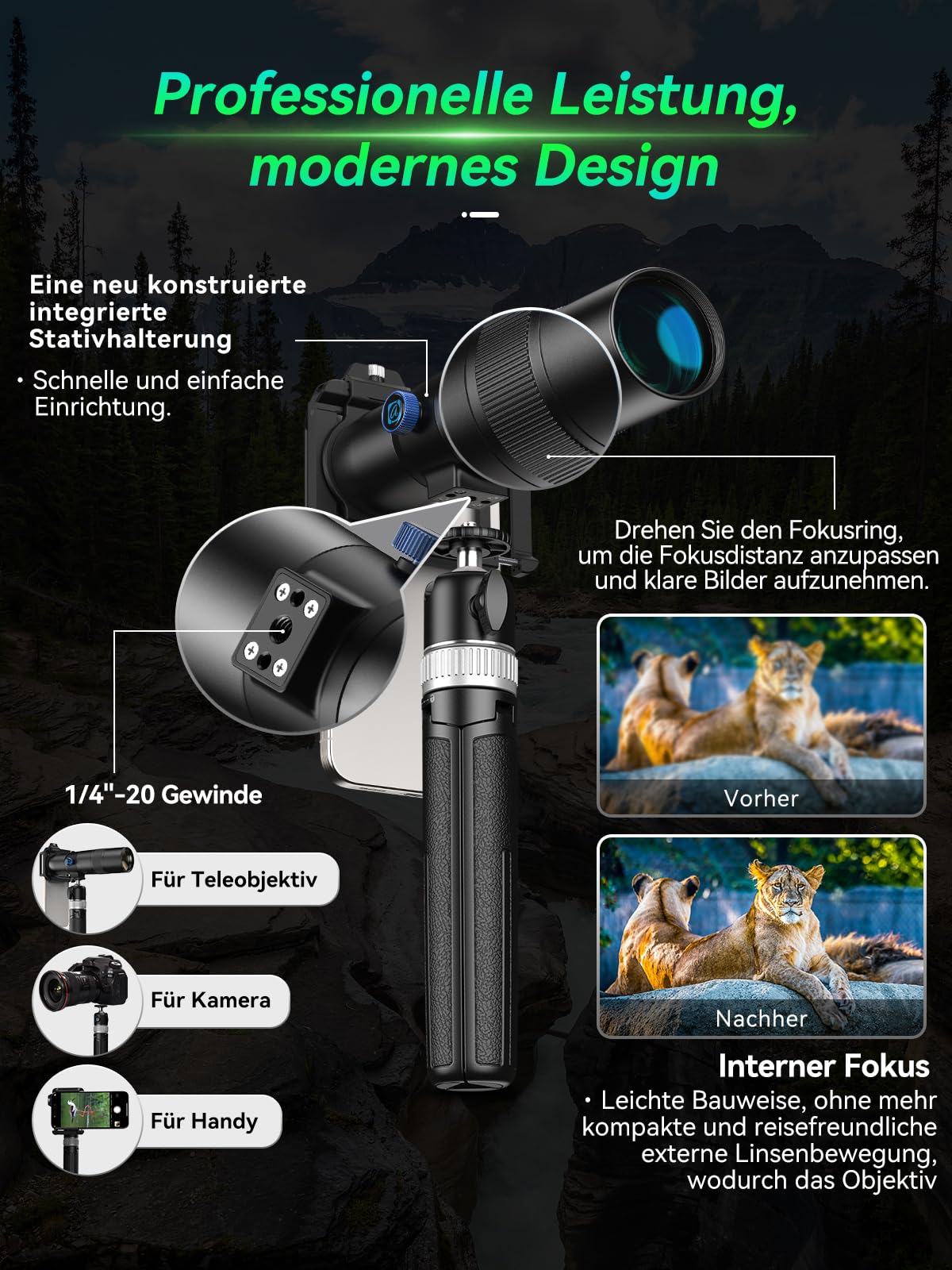 APEXEL 30X Super Teleobjektiv, 720mm Brennweite Teleobjektiv für Smartphone, Professionelles & Künstlerisches Erfassen für Wildtiere, Sport, Konzerte