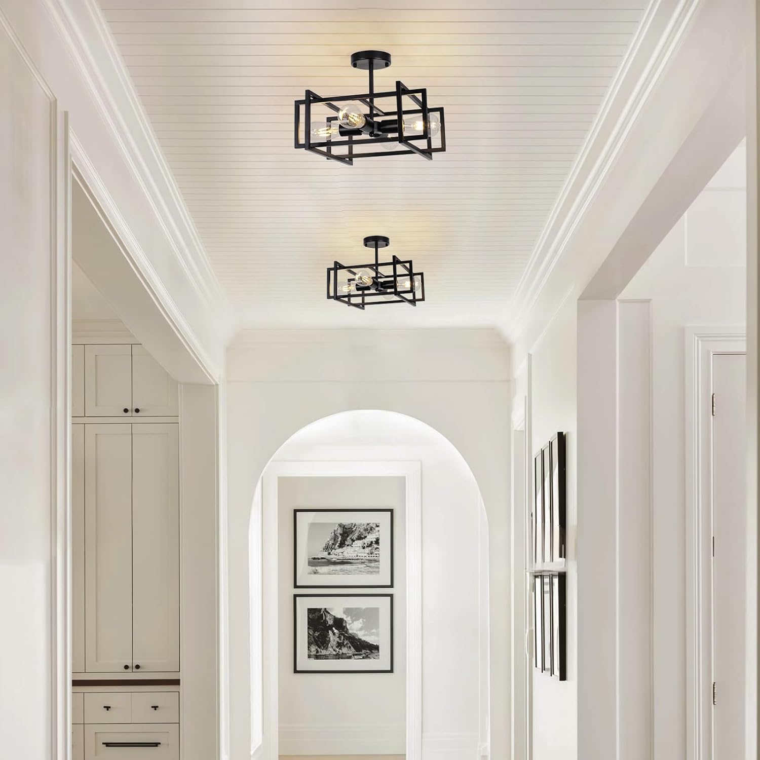 16.54'' Matte Black Metal Drum Semi-Flush Mount Ceiling Light