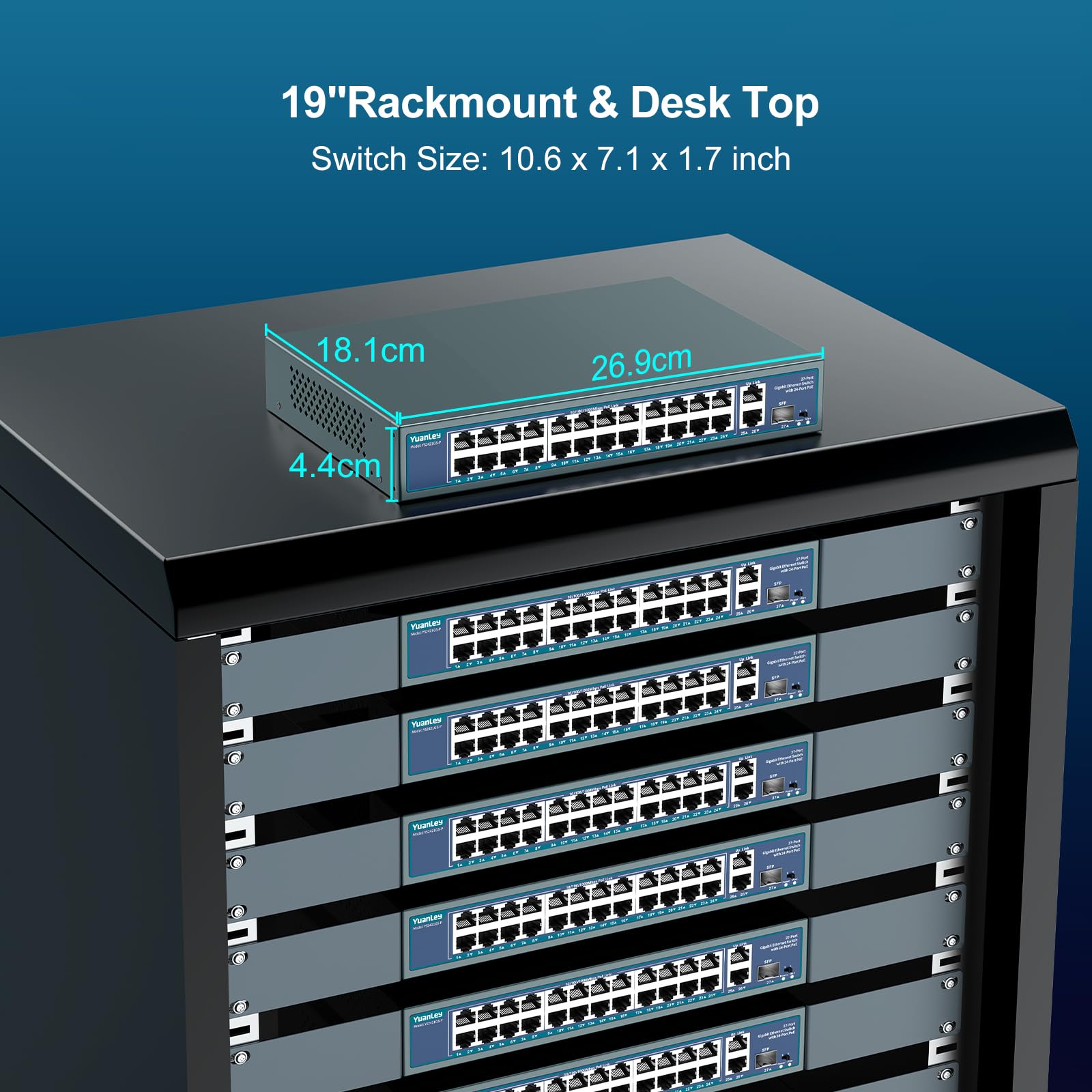 24-portowy Gigabit PoE Switch Unmanaged, YuanLey 27-portowy Gigabit PoE z 2 łączami uplink & 1 SFP, Rackmount, wbudowany zasilacz 400 W, obsługuje 802.3af/at, Plug & Play, One-Key VLAN, metalowa