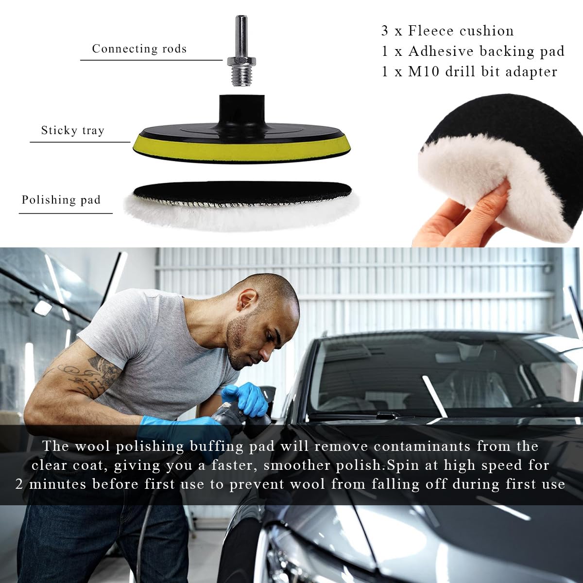 Yourkar Almohadilla de pulido de lana para coche, rueda de pulido automático con gancho trasero, kit de herramientas de almohadillas pulidoras de coche con adaptador de taladro M10, accesorios