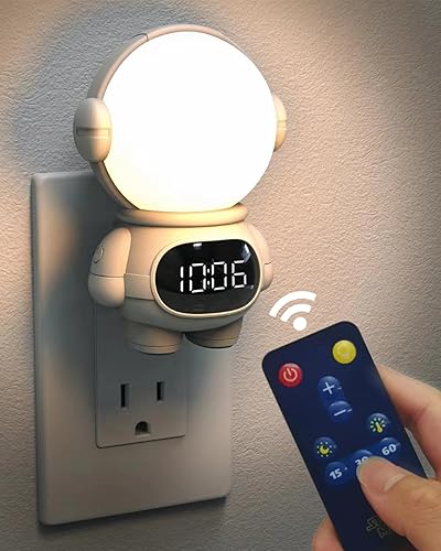 BANDIANCY Luz nocturna LED enchufable, luz nocturna con sensor de atardecer a amanecer, luz nocturna de astronauta moderna, regulable, temporizador,