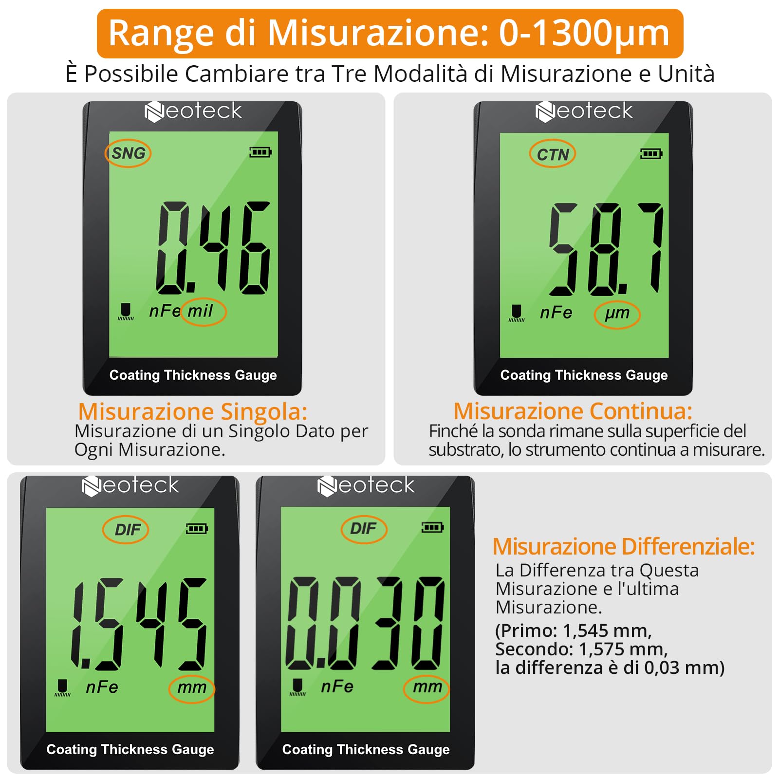 Neoteck Misuratore di Spessore Vernice 0-1300um Spessimetro LCD Retroilluminazione Auto Spegnimento Automatico