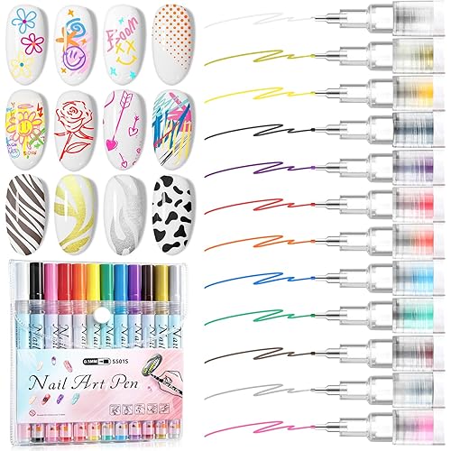 12 Colors Nail Art Pens Set: 0.5mm Quick Drying Acrylic Paint Markers 3D Nail Polish Pens for Nail Art Painting Drawing Dotting Tools Point Liner Brush Home DIY Salon Manicure Kit (Set 1)