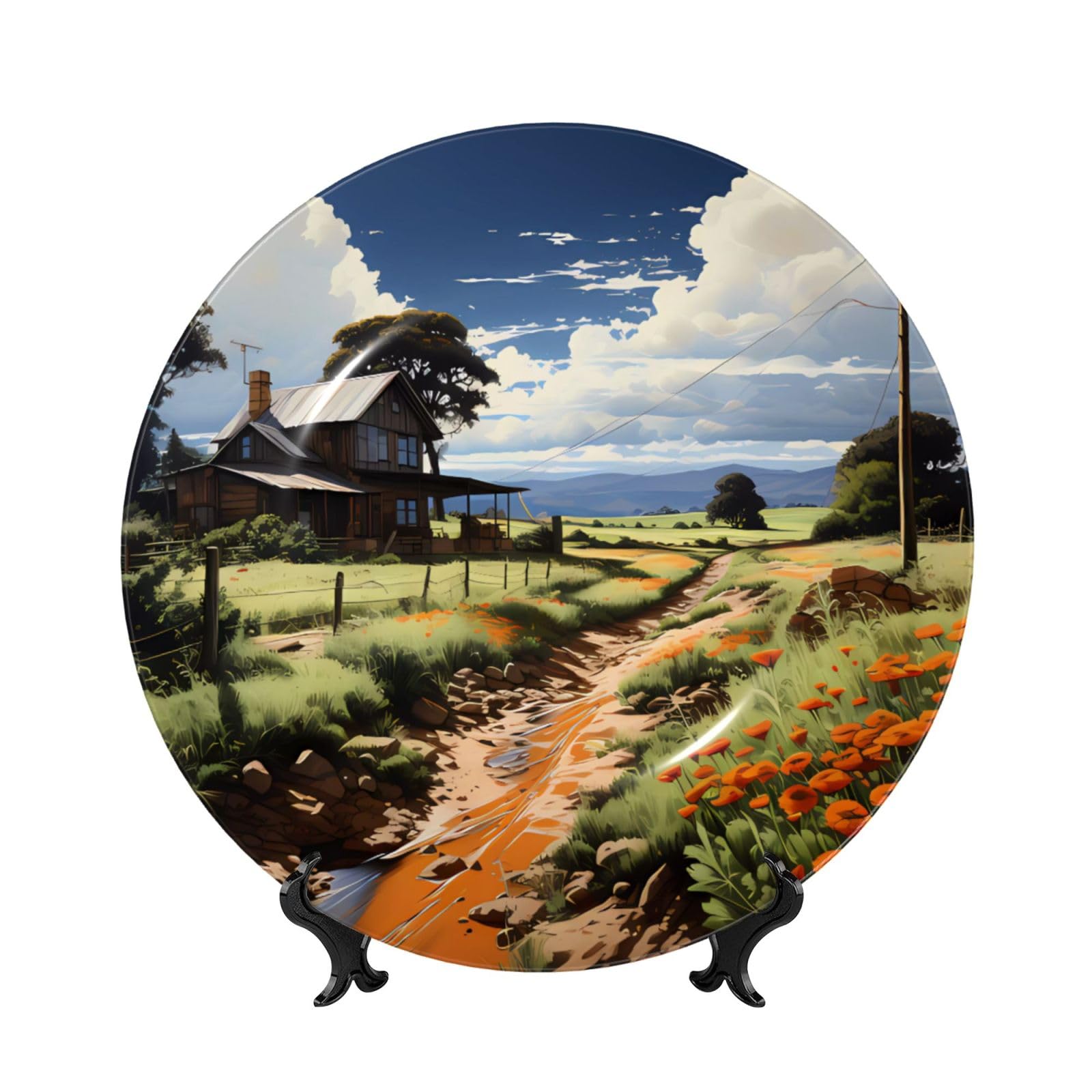 SXZVVBN idyllic scenery Bone China Decorative Plate Art with Stand Removable Adhesive Hanging for Home Office 7in