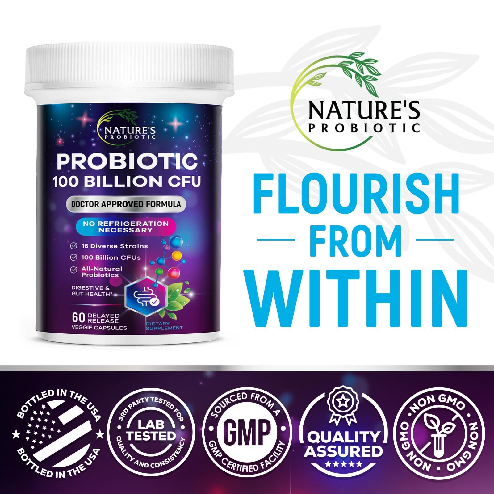 Nature's Probiotic - 100 Billion CFU Per Capsule - 16 Strains + Prebiotics - Best Probiotic Supplement for Women & Men - Supports Immune, Digestive Health, Constipation & Gas - Bottled USA - 60 Count — Amazon image 4