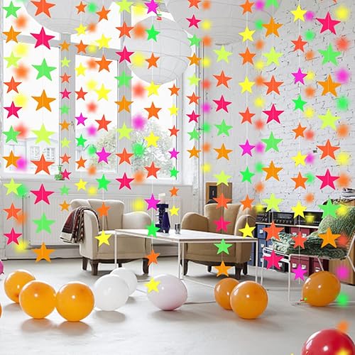 Miniatura 8 de Guirnalda de neón de papel de estrella UV de 110 pies, decoraciones de luz negra para fiesta de brillo oscuro, recuerdos de fiesta reactivos a los