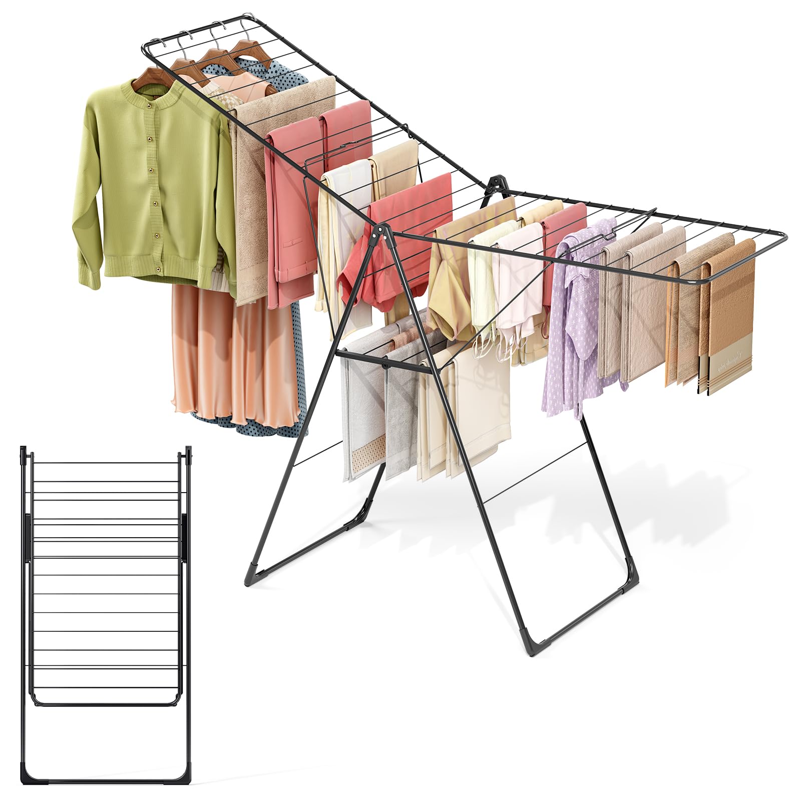 Clothes Drying Rack, Foldable Oversized Drying Rack Clothing with L-Shaped Foot Cover, Height-Adjustable, Multi-Bar Laundry Rack, Indoor Outdoor Use, 20.4" D x 70" W x 42.52" H, Jet Black