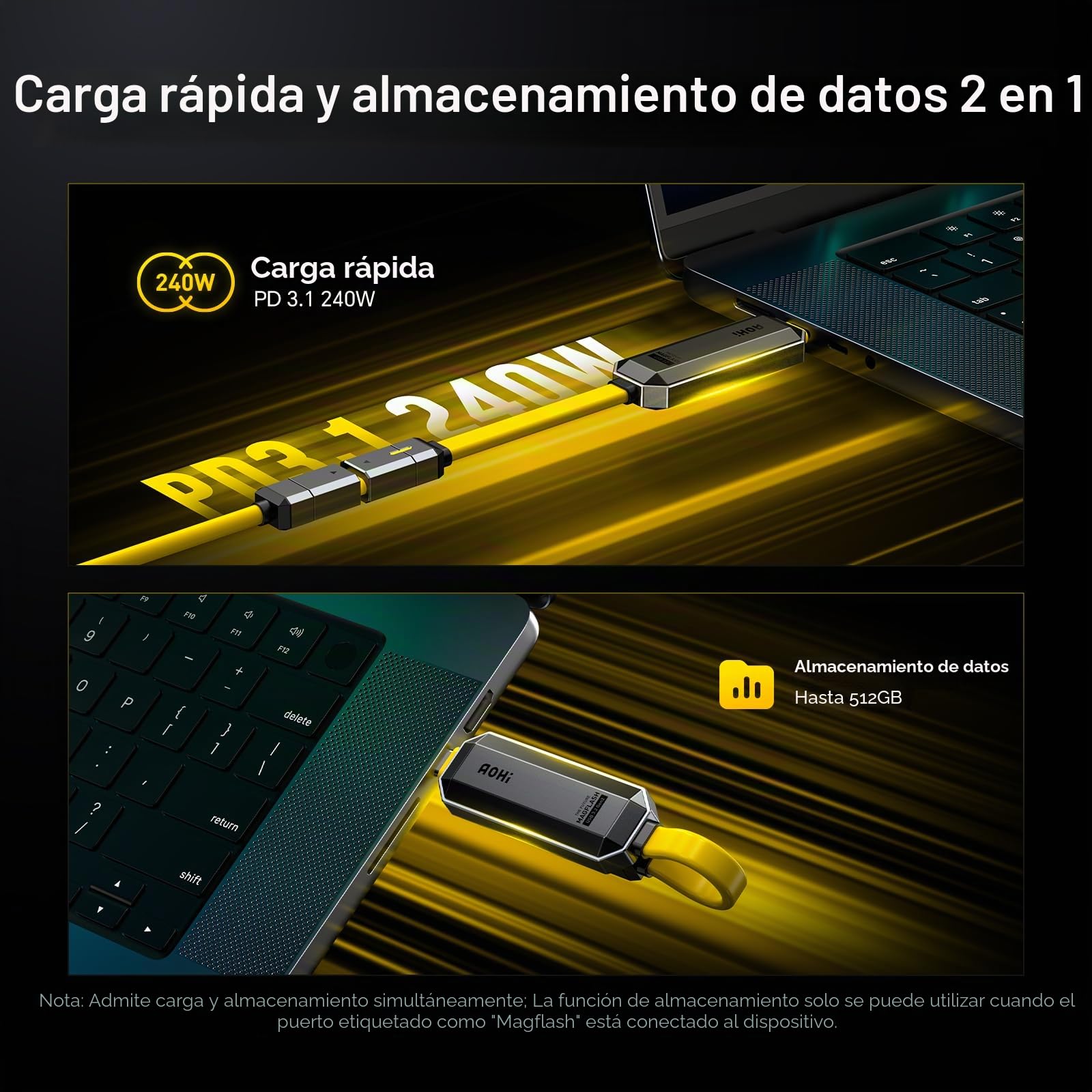 AOHI Spliceable - Juego de cables de carga rápida y almacenamiento de datos 2 en 1, cable USB C PD 3.1 de 240 W con unidad flash USB C de 512 GB, USB 3.2 Gen2 + unidad USB SSD tipo C para MacBook,