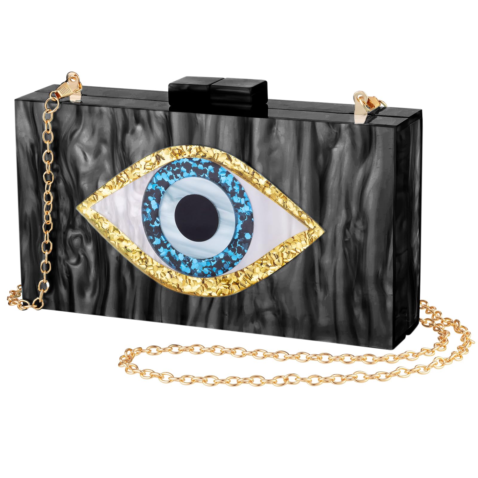 QTKJ Clutch Purses for Women, Acrylic Blue Evil Eye Evening Bag, Crossbody Bag for Wedding Party(Black)