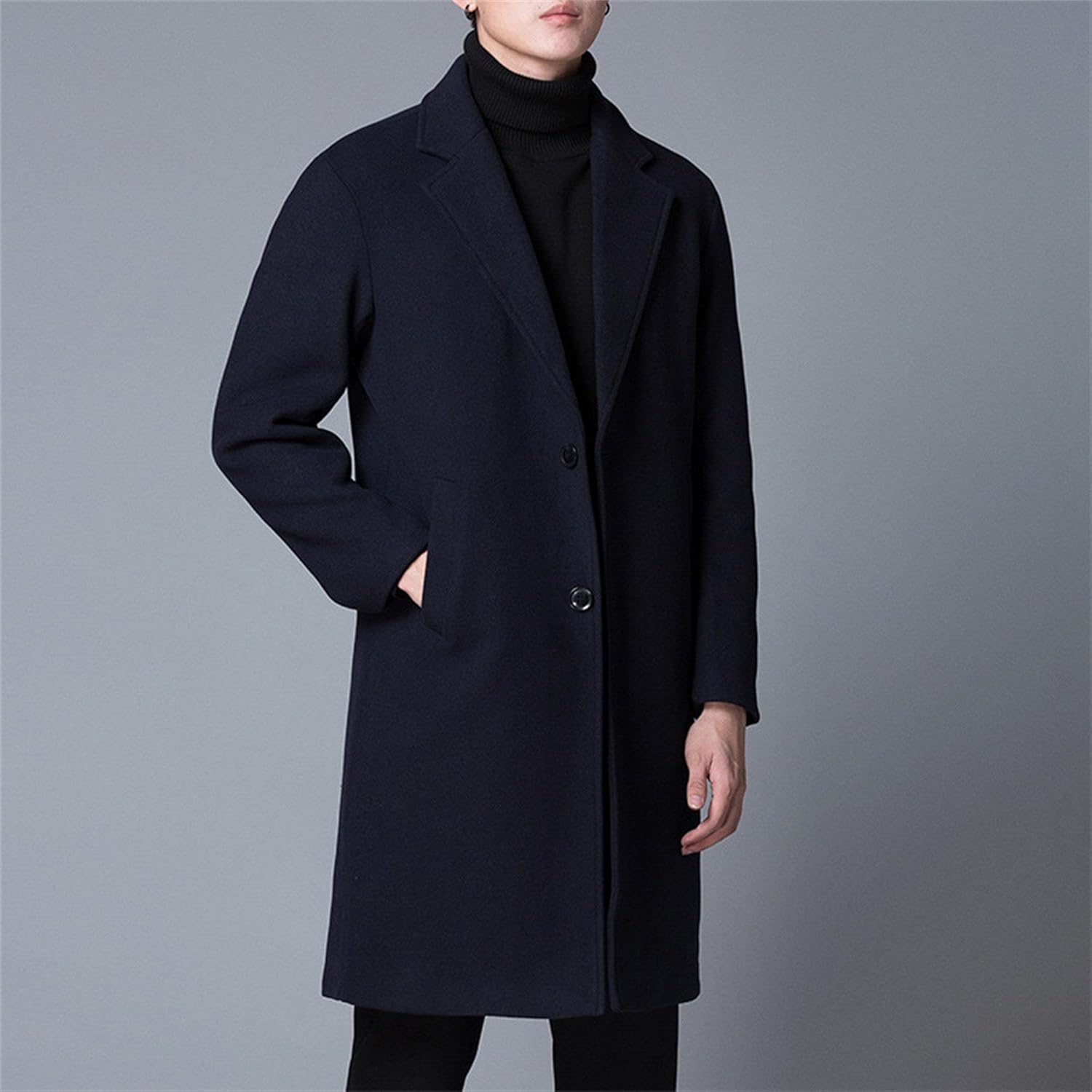 Men's Classic Business Pea Coats Single Breasted Thick Long Trench Coats Winter Warm Wool Blend Coat