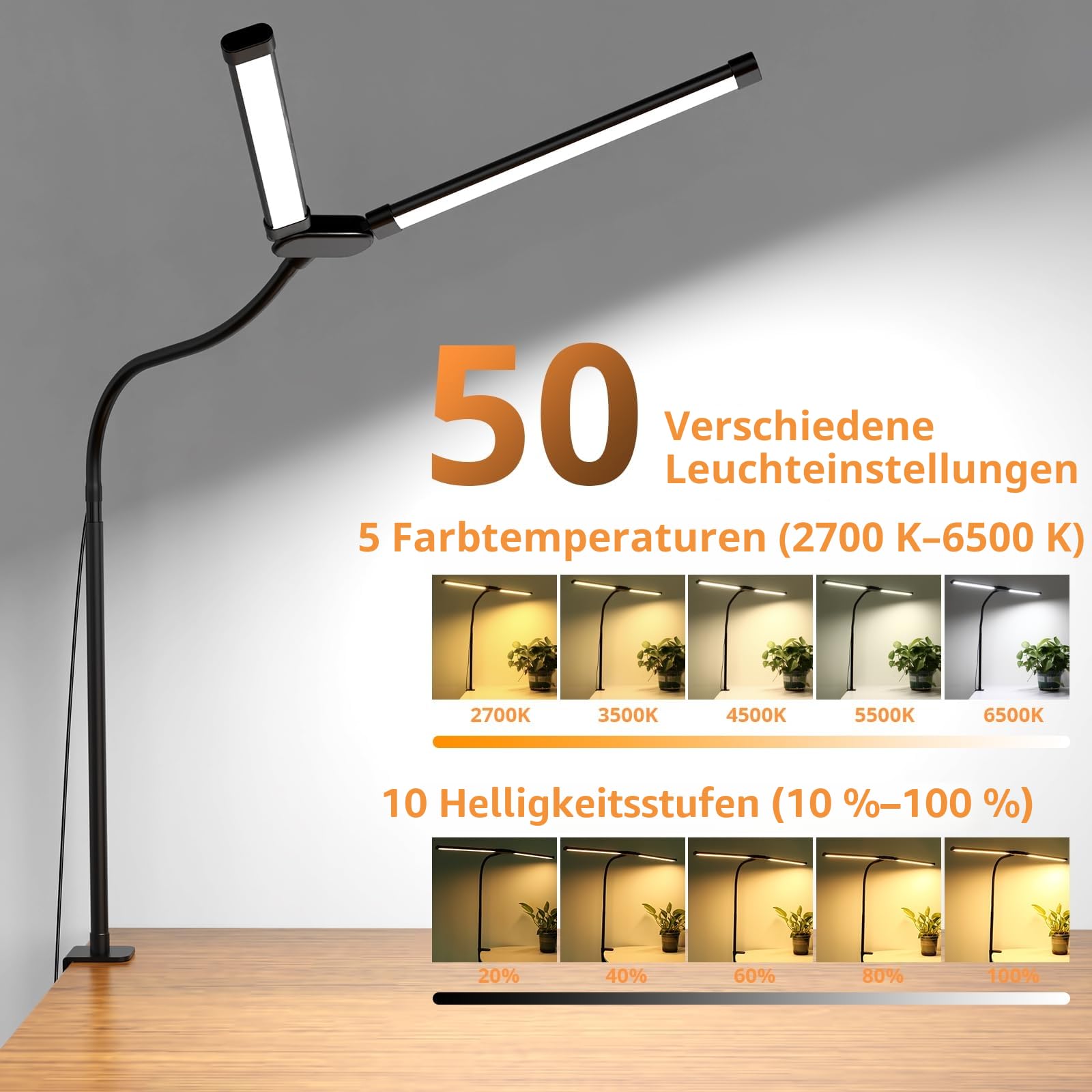 Woputne Dimmbare LED Schreibtischlampe mit Klemme, 61cm Doppelkopf Bürolampe, 960LM, 5 Farbtemperaturen & 10 Helligkeitsstufen, Flexibler Schwanenhals, Augenschonend für Homeoffice & Monitorarbeit