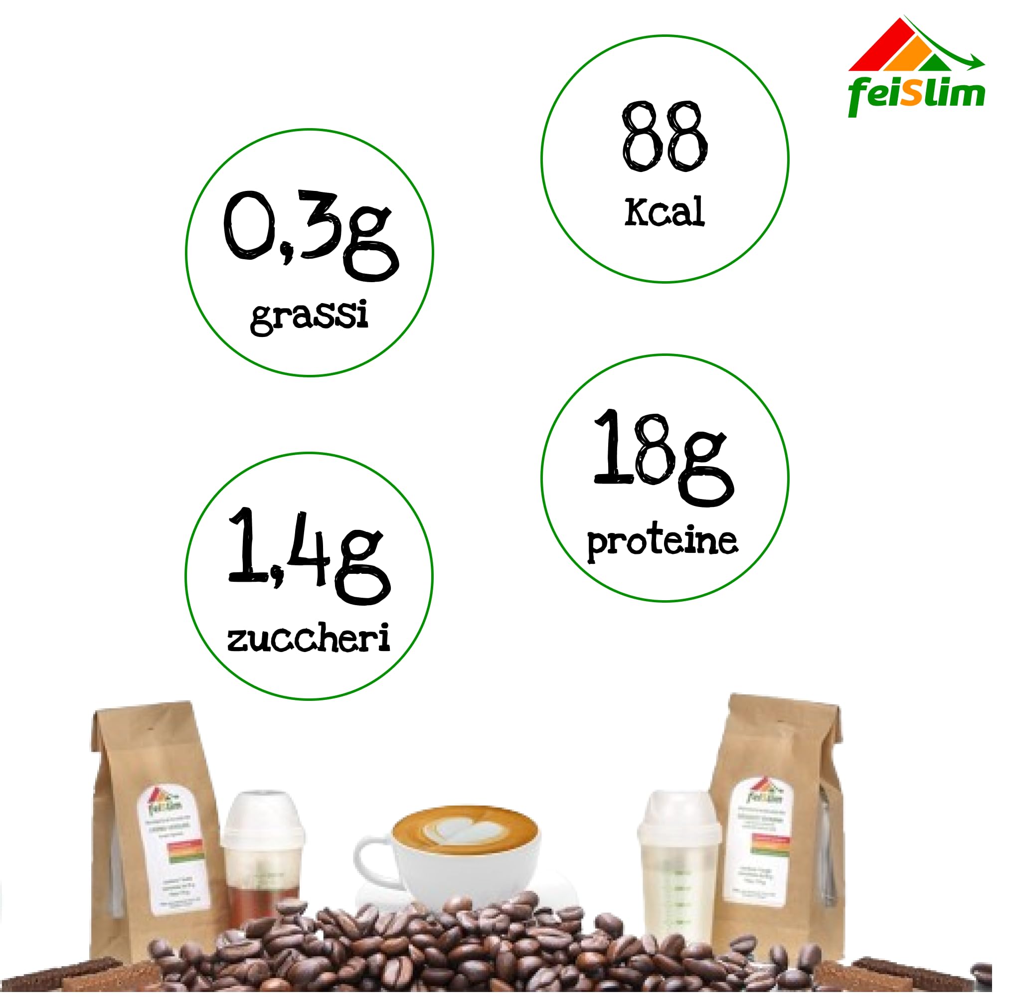 Feislim - Bevanda Cappuccino - Cappuccino Solubile per una Colazione Proteica ricca di Fibre con pochi Zuccheri e Grassi Bevanda a Basso Tenore di Calorie, confezione da 7 buste