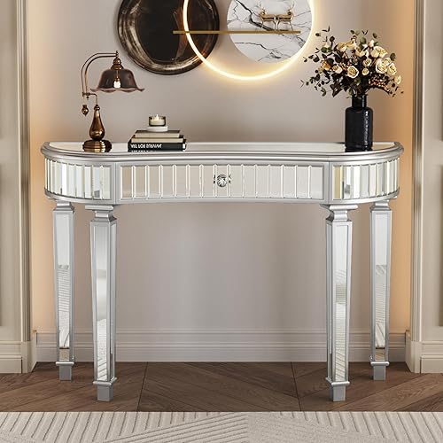 Miniatura 8 de Henf Escritorio de tocador con espejo, mesa de consola plateada con 3 cajones de diamantes sintéticos, moderno tocador de cristal para tocador,