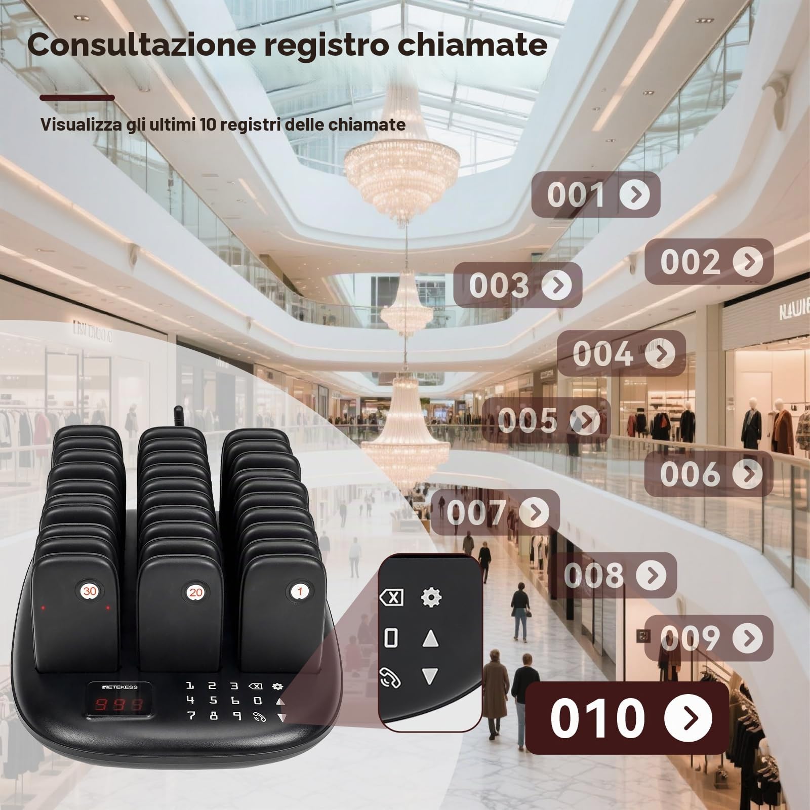 Retekess TD175P Cercapersone Ristorante, 30 Cercapersone, 800M Pager Ristorante, Facile da Configurare, 7 Modalità di Chiamata, Cercapersone Wireless per Area Ristorazione, Hotel, Chiesa