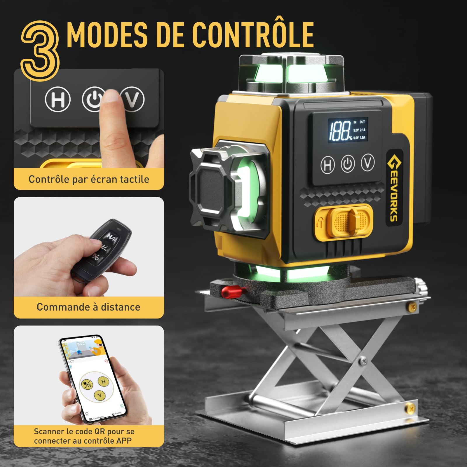Geevorks Niveau Laser 360 Autonivelant, 4D 16 Lignes Autonivelant, Portée 25m avec Trépied 1.2m, 2x2400mAh Batteries, IP54 avec Télécommande & Support Mural
