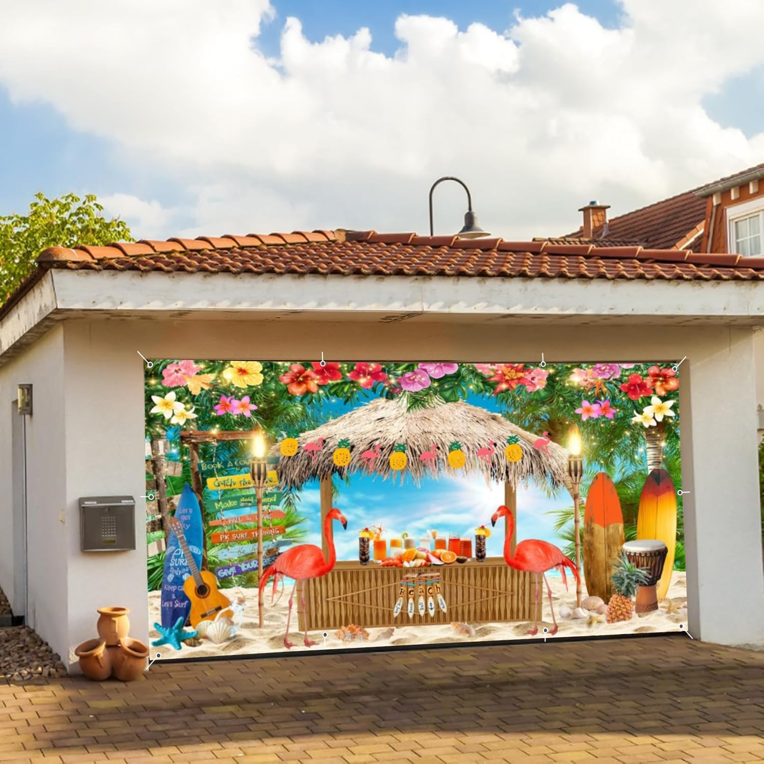 Summer Hawaiian Beach Garage Door Cover Banner Decorations Backdrop 8x16ft Large Aloha Beach Bar Palm Garage Door Cover Outdoor Wedding Birthday Party Baby Shower Vacation Garage Door Decoration Props