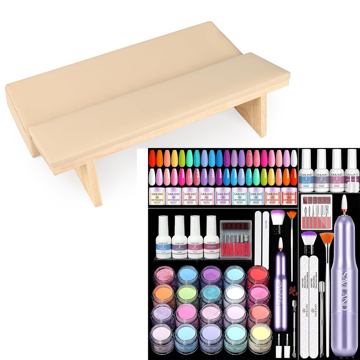 SAVILAND Dip Powder Nail Kit with Drill - 20 Colors Summer Dip Nails Powder Starter Kit SAVILAND Hand Rest for Nails Tech: Soft Leather Nail Arm Rest with Soft Sponge Arm Rest Nail Tech for Arm Rest