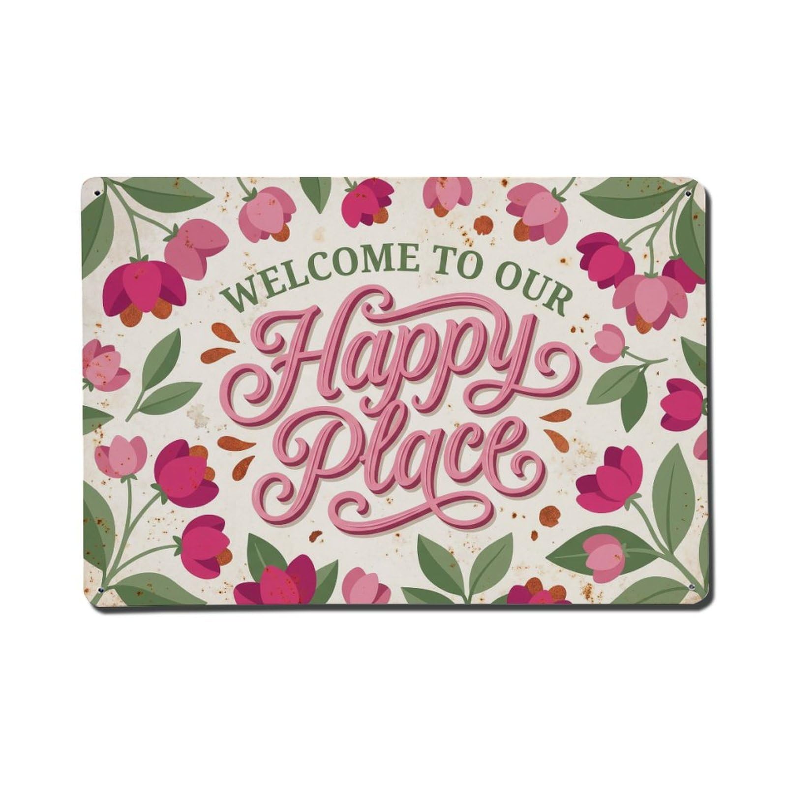 Welcome To Our Happy Place Spindle Berry Garden Metal Tin Sign Plaque Wall Decor for Cafe, Club Bar, Office, Home Garden Metal Poster 8x12Inch