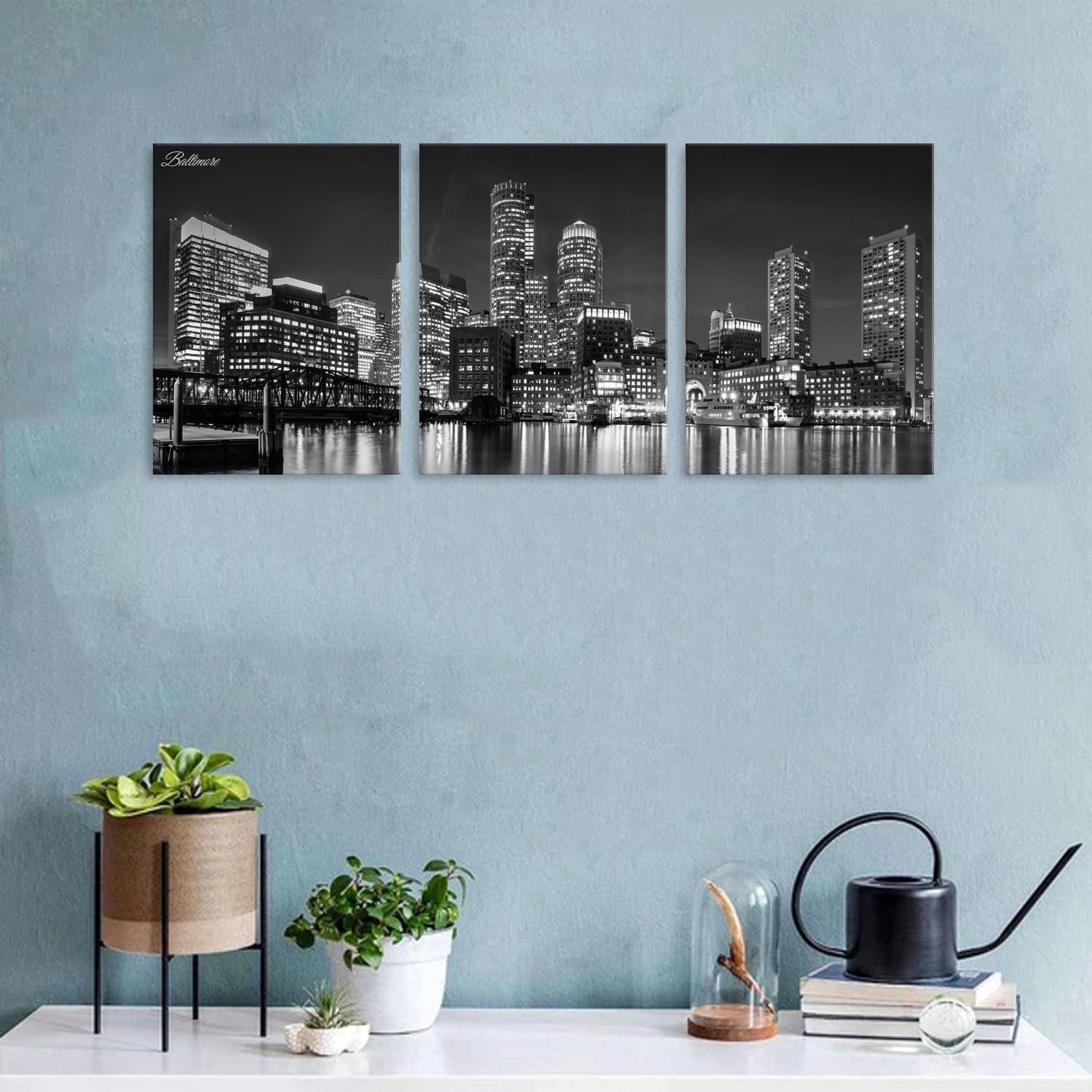 Black and White Baltimore Skyline Wall Art for Living Room USA Maryland Harbor Cityscape Picture Wall Decor Night City Skyscraper Panoramic Painting Prints Modern Artwork Office Decoration 12x16" 3P