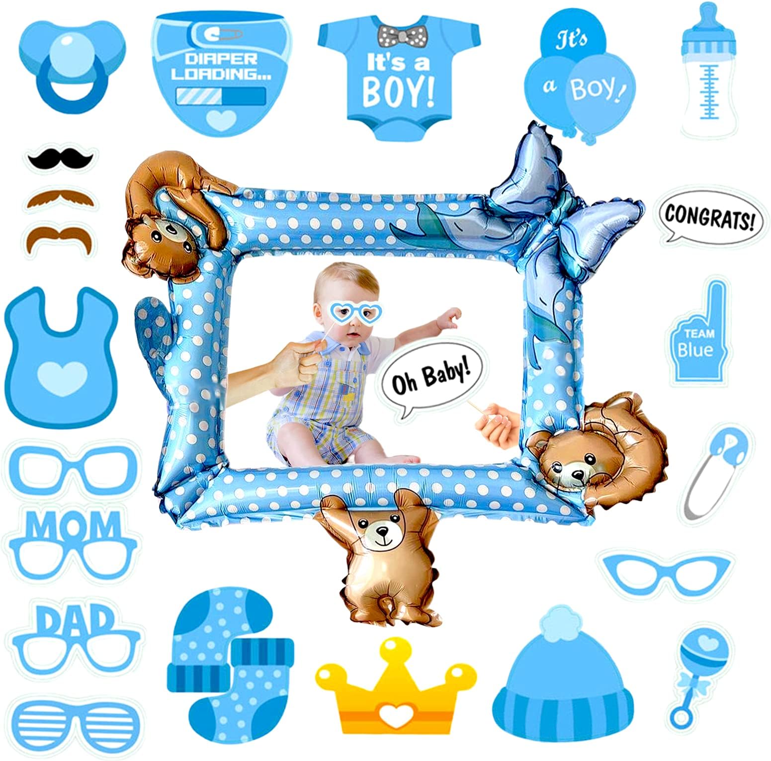Inflatable Foil Frame with 30Pcs Boy Baby Shower Photo Props for Gender Reveal Party Supplies