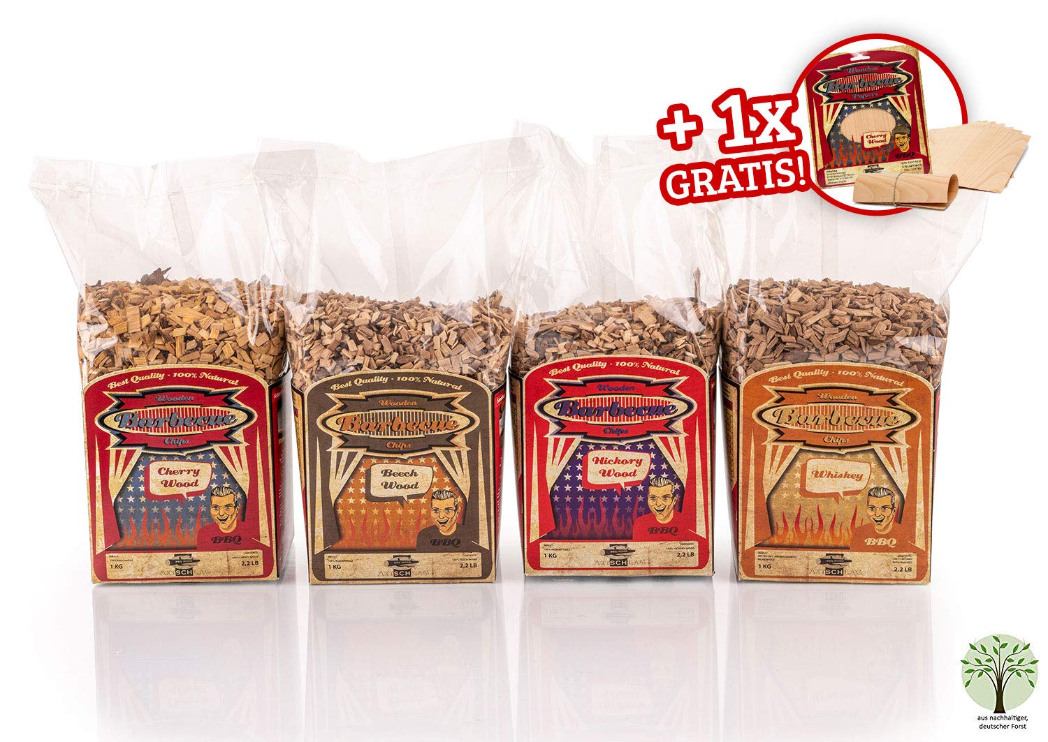Axtschlag 4+1 Set Räucherchips BBQ Favorites + GRATIS 8X Grillpapier, für Gasgrill, Elektrogrill und Kohlegrill, 4kg Hickory, Kirsche, Buche und Whisky