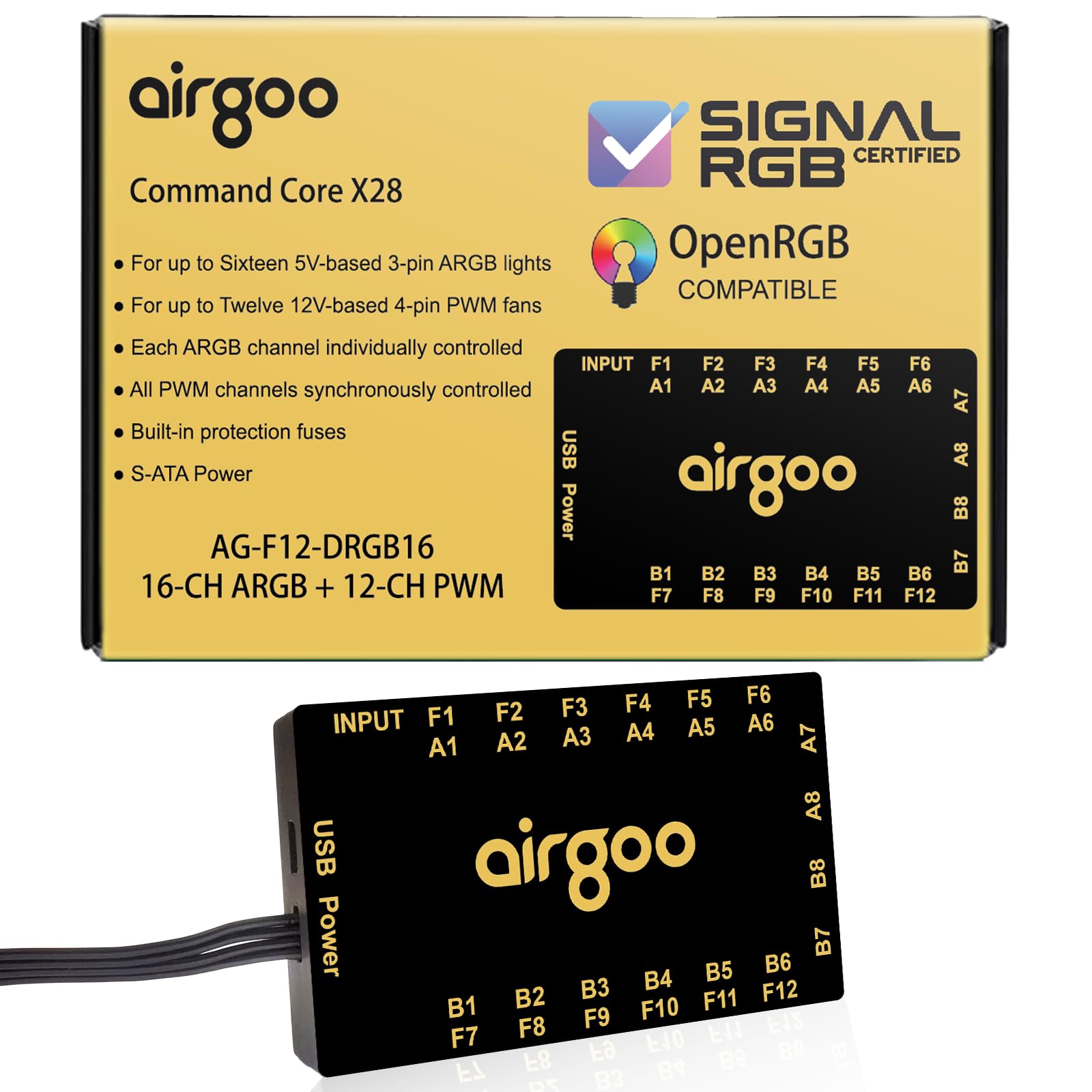 Airgoo Command Core X28, controlador ARGB magnético de 16 canales y concentrador de ventilador PWM de 12 canales 2 en 1, iluminación de PC alimentada por SATA y concentrador de ventilador, compatible