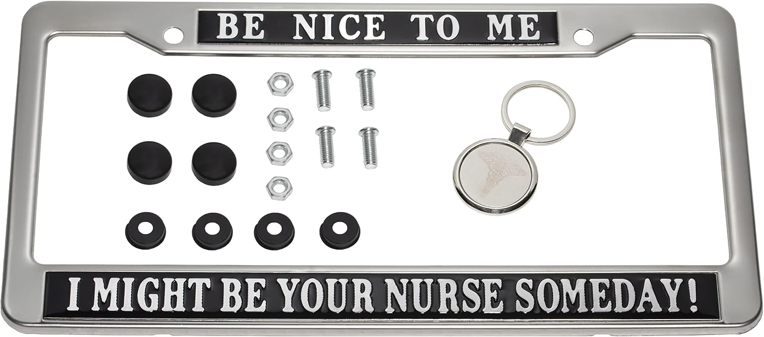 Registered Nurse License Plate Frame Cover Be Nice to Me Novelty Nursing for Women Bling Life Chrome Metal Front Car Humor Gift (BE Nice to) image 2