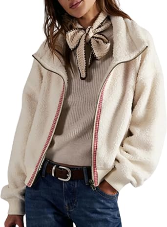 Esmeling Women Fleece Sherpa Jacket Long Sleeve Zip Up Cropped Coat Fall Winter Fuzzy Coat With Pockets