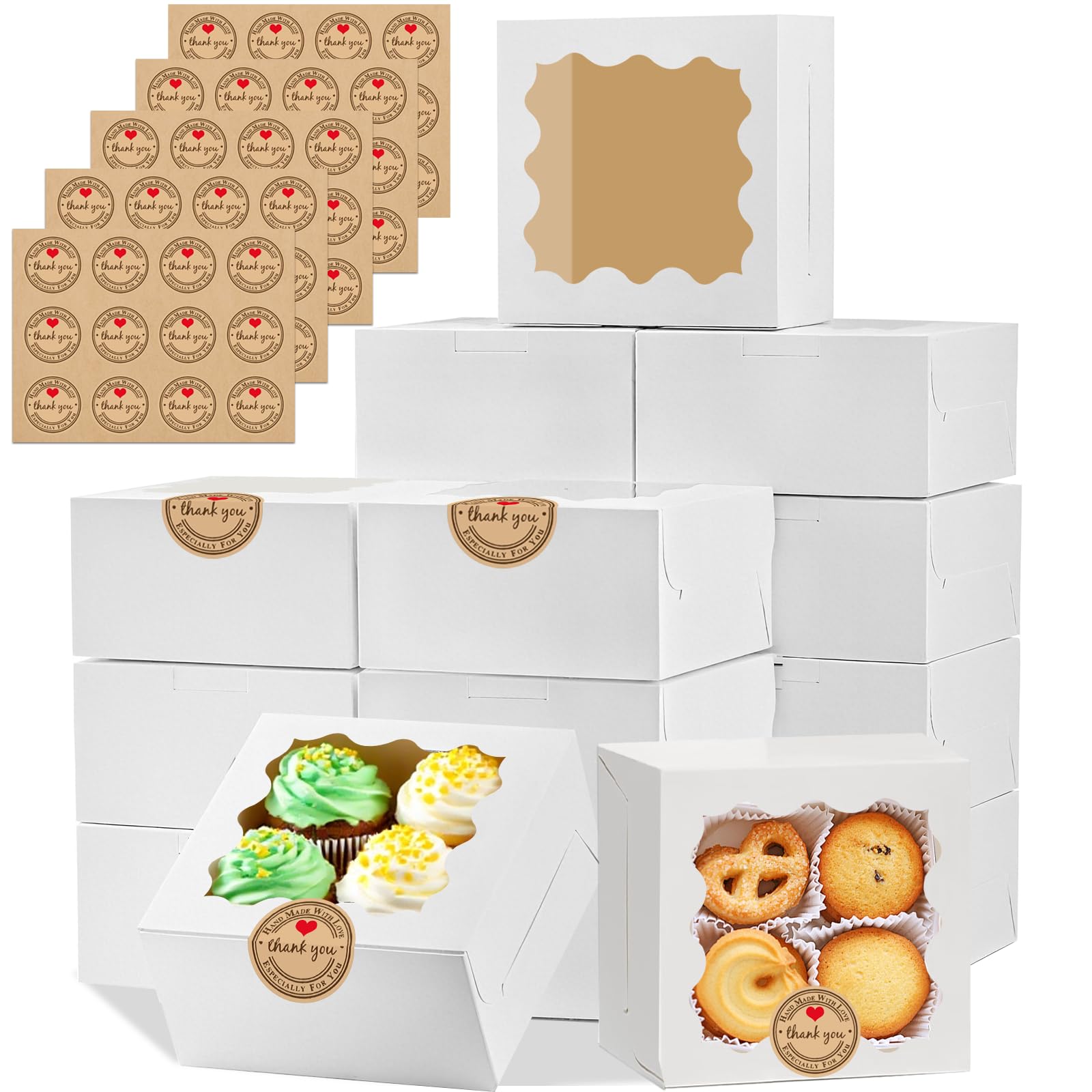 LTWQLing 50pcs White Cookie Boxes,4x4x2.5 Inches Bakery Boxes with Window,with Stickers, for Mini Cake Treat Dessert Pastry Donuts Macaroon Strawberries Chocolate Candy