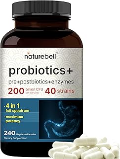 Probiótico 200 mil millones de UFC – 40 cepas por porción | 240 cápsulas vegetales con prebióticos y probióticos para la salud digestiva – Salud intestinal y apoyo a la hinchazón | Probióticos diarios