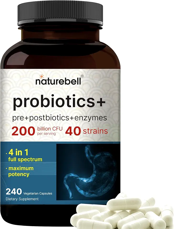 NatureBell Probiotic 200 Billion CFU – 40 Strains Per Serving | 240 Veggie Capsules with Prebiotics and Probiotics – Full Spectrum Complex with Enzymes – Daily Probiotics for Women &amp; Men