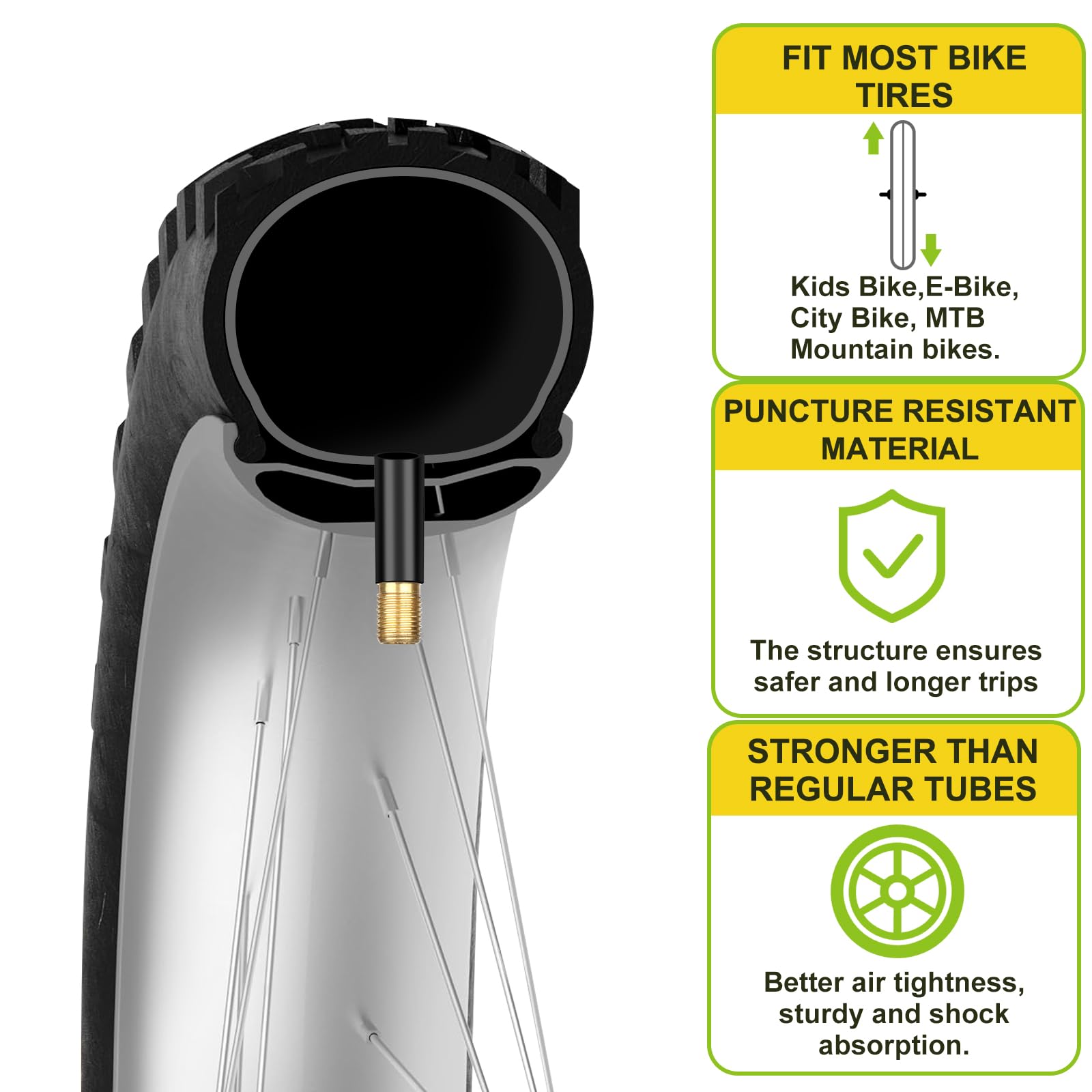 Juego de 4 Tubos de Bicicleta con 2 palancas de neumático, Tubo Interior de Bicicleta de 20 Pulgadas x 1.75-2.125 válvula Schrader, Tubo antipinchazos para Bicicleta MTB para niños