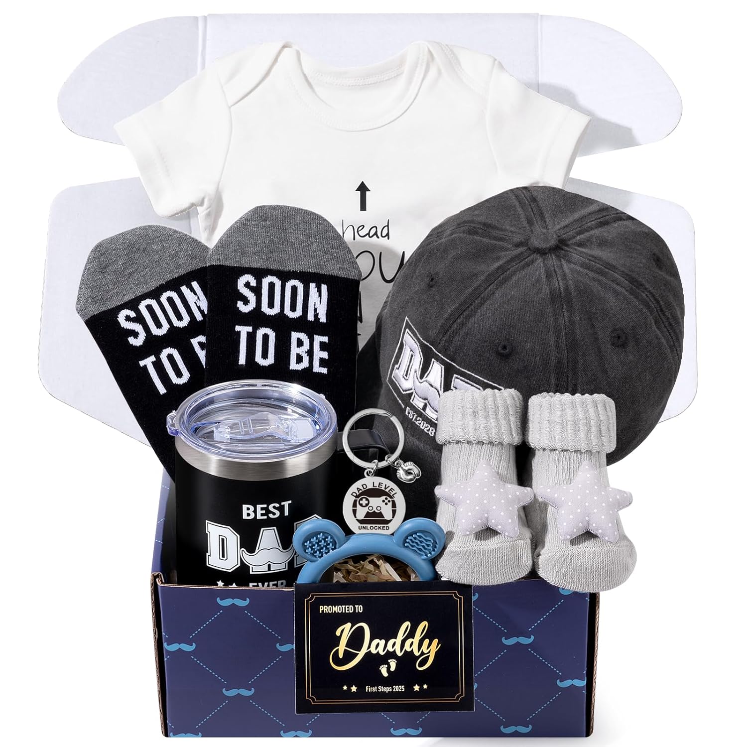 2026 New Dad Gifts Box, 9 Pcs First Time Dad Gifts, Dad to Be Gifts for 1st Time with Tumbler Hat Onesie Socks Keychain for Baby Shower，Unique Kit for Soon to Be or Expecting Father