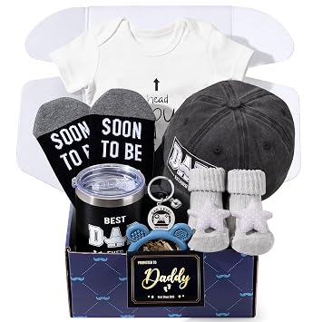 2026 New Dad Gifts Box, 9 Pcs First Time Dad Gifts, Dad to Be Gifts for 1st Time with Tumbler Hat Onesie Socks Keychain for Baby Shower,Unique Kit for Soon to Be or Expecting Father
