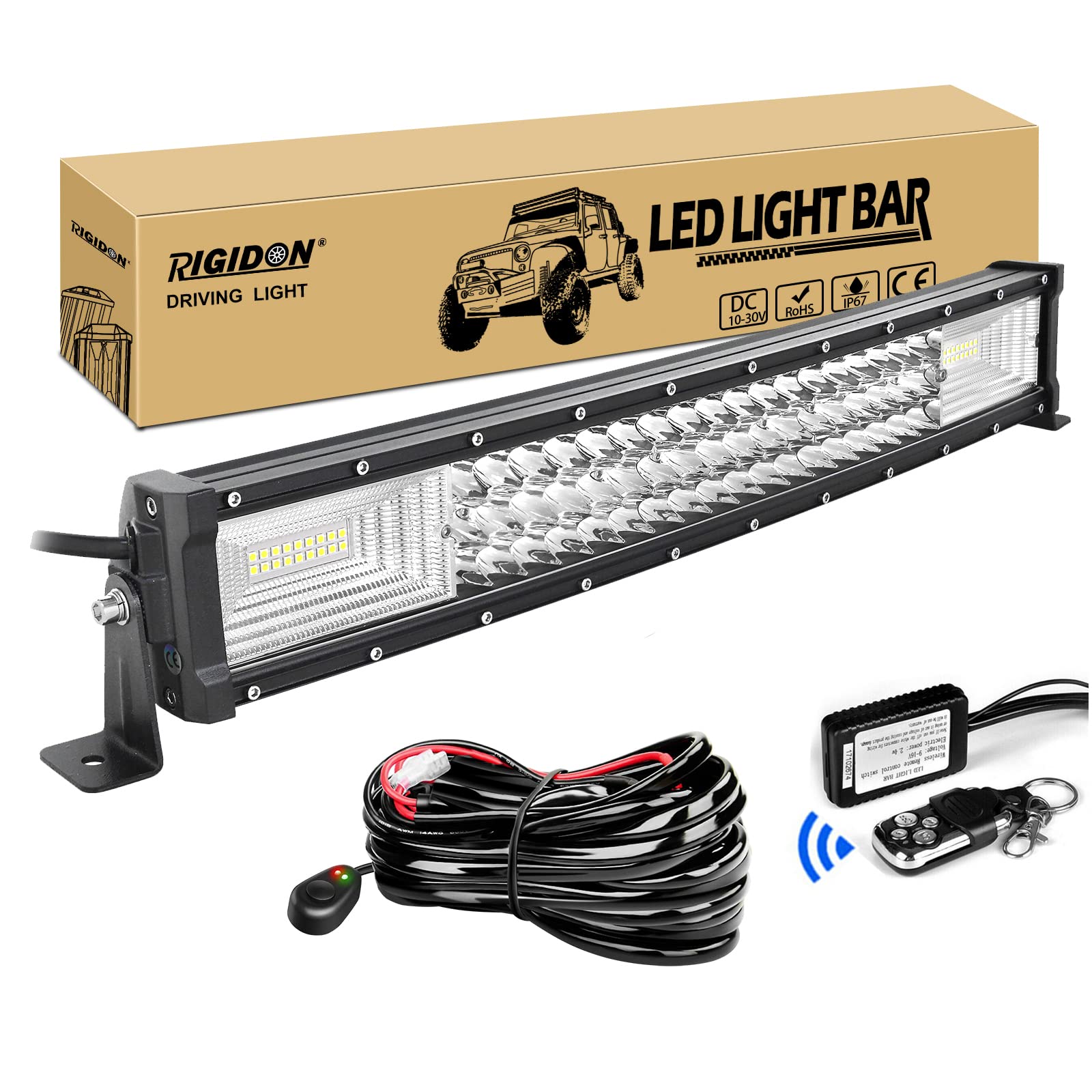 RIGIDON Car Led Light Bar With 12V Strobe Remote Control Wiring Harness Cable Kit, Curved 22 inch 270W, 7D Tri Row Driving Work Lamp for Car Off road Truck SUV 4x4, Flood Spot Combo Beam, 6000K