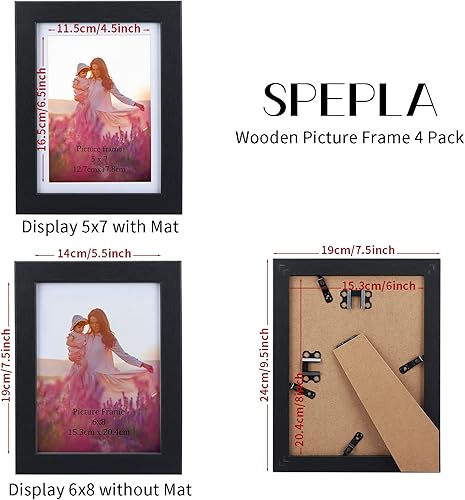 Vista 4 de Portarretratos de 5 x 7 pulgadas para fotos de 5 x 7 o 6 x 8 sin paspartú, paquete de 4 marcos de madera de 5 x 7 pulgadas, color negro para pared