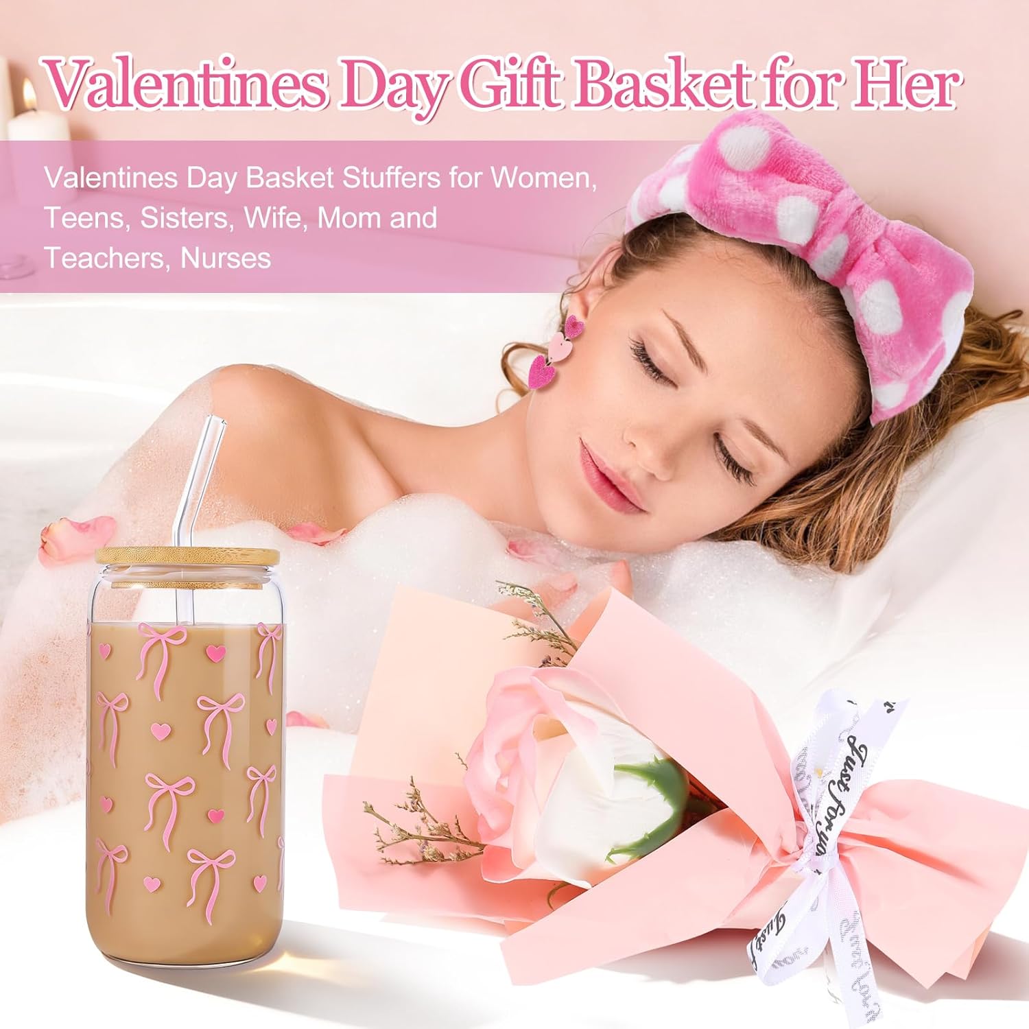 Valentines Day Gifts for Her Basket - 11Pcs Valentines Basket for Women, Pink Gifts Box with 20 oz Tumbler with Lid, Rose & Red Heart Keychain for Mom Teacher Wife Daughter Teen Girls Girlfriend - Image 4