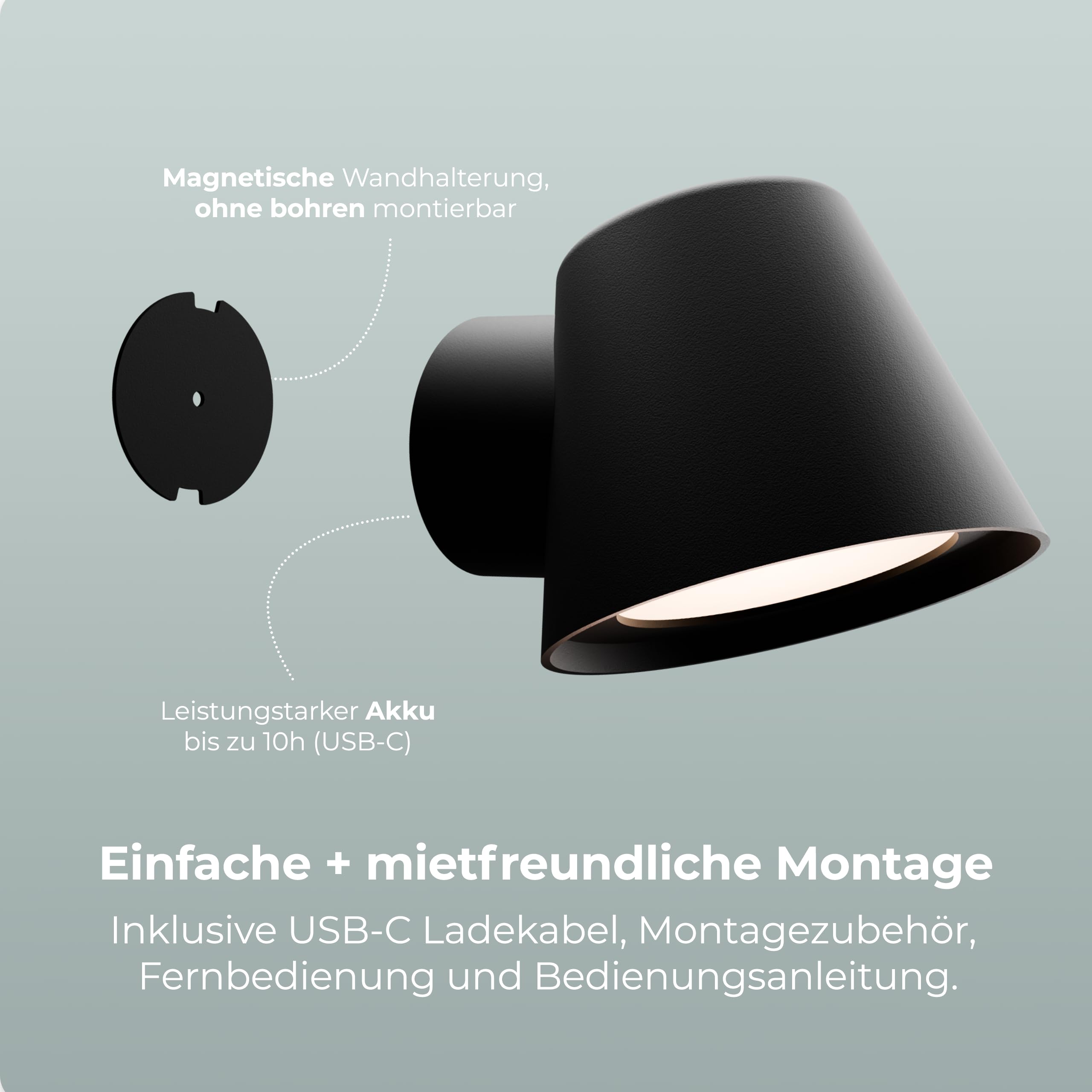 NEONA GINO – Kabellose Akku‑Wandleuchte, LED dimmbar (bis 10 Std.), magnetisch & ohne Bohren, mit Touch, Fernbedienung & Bewegungssensor – Schwarz/Weiß