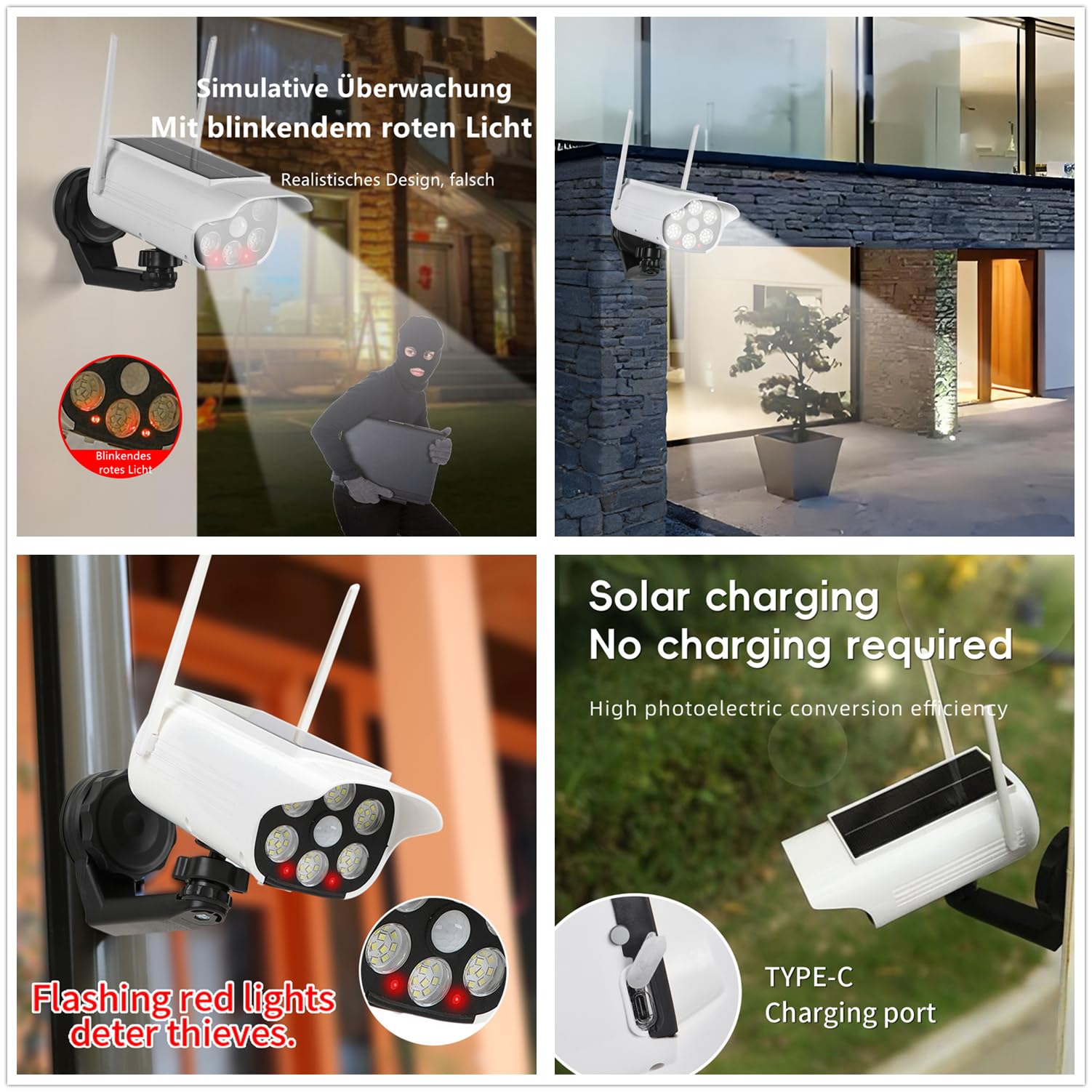 Lot de 2 caméras de sécurité factice avec détecteur de mouvement, projecteur, caméra de surveillance simulée, intérieur et extérieur, blanc solaire