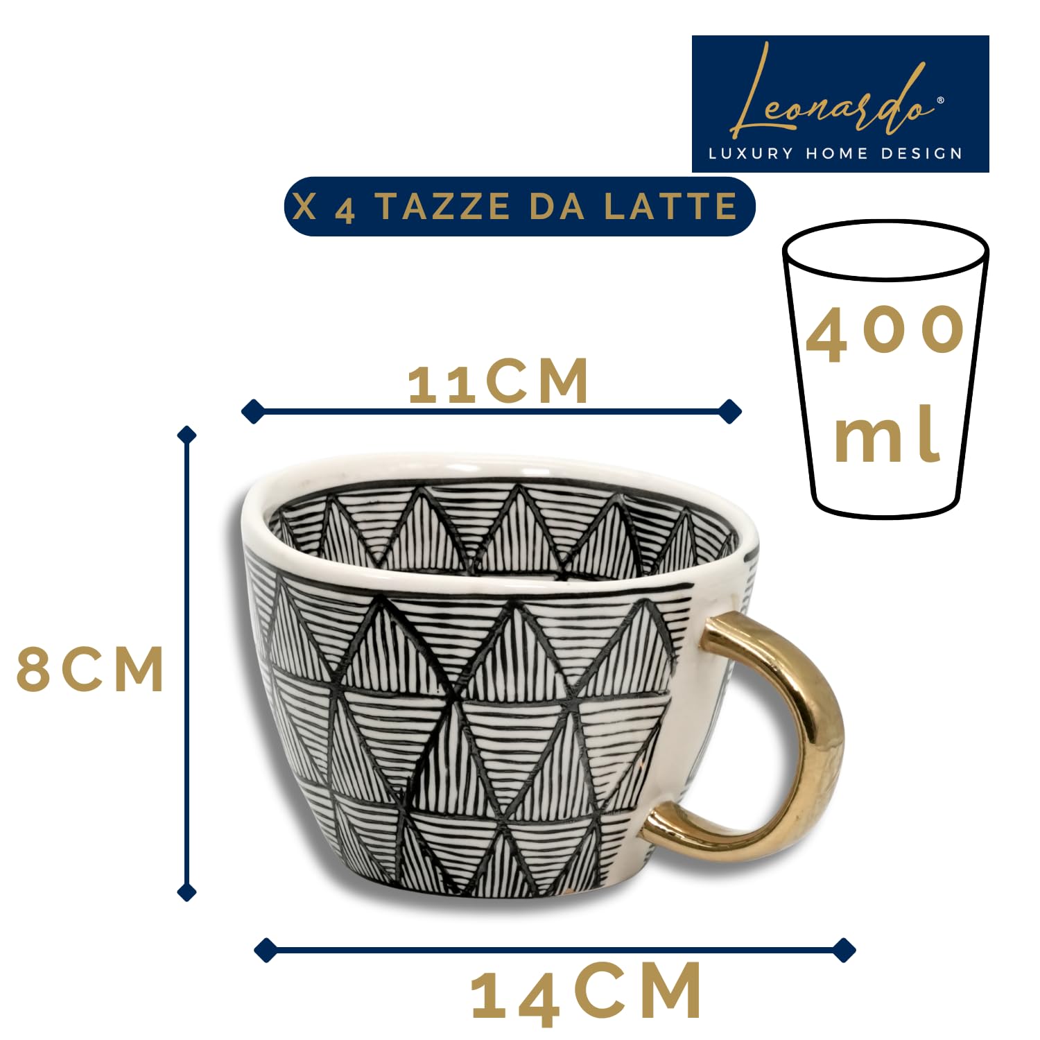 Set 4 Pezzi Tazze Eleganti Idea Regalo da Latte Porcellana 400 ml con Forma Irregolare Dipinte a Mano con Manici Dorati Raffinate Eleganti (Blu e Nero)