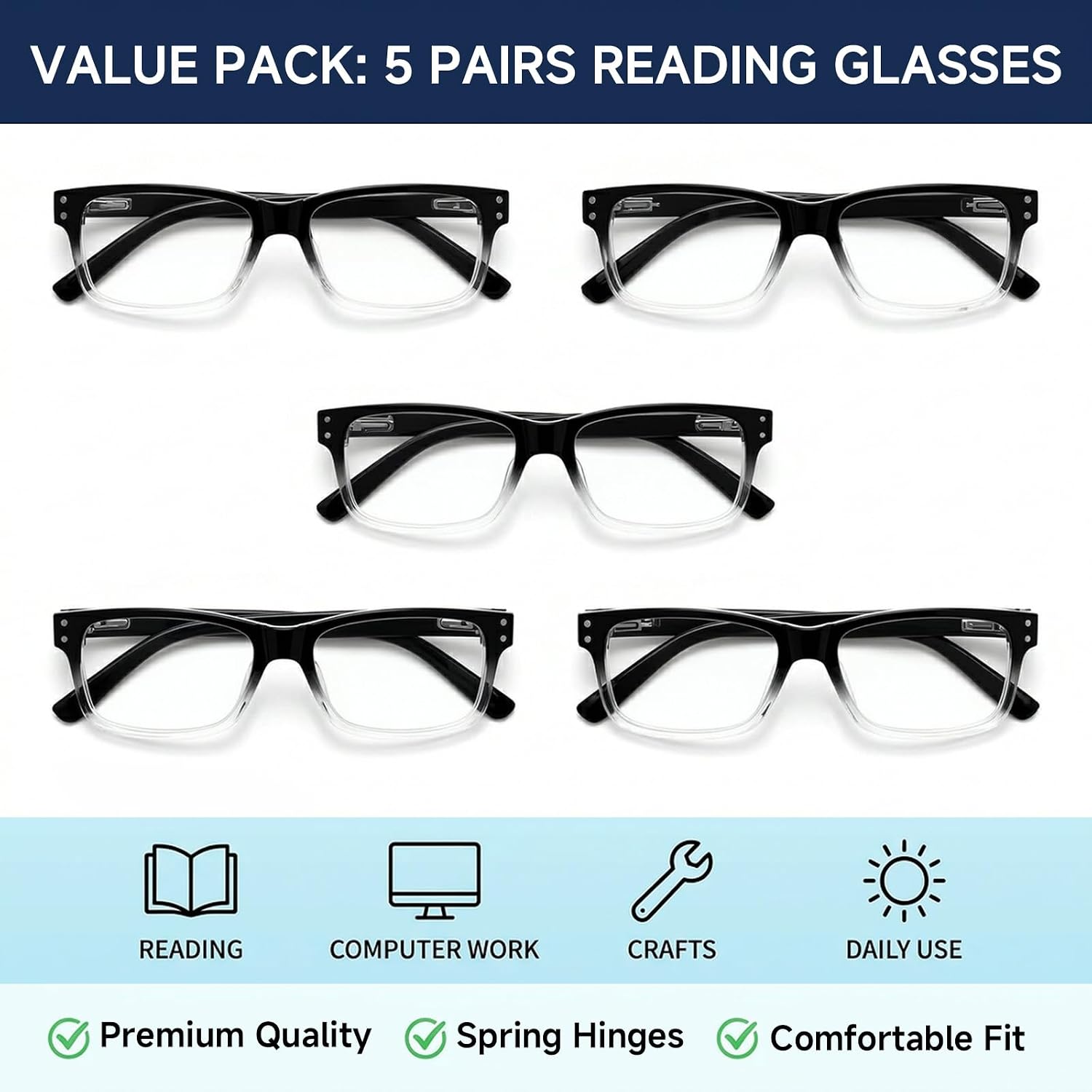 Eyekepper 0.25x Reading Glasses,Readers for Men Women 5pk Black/Transparent