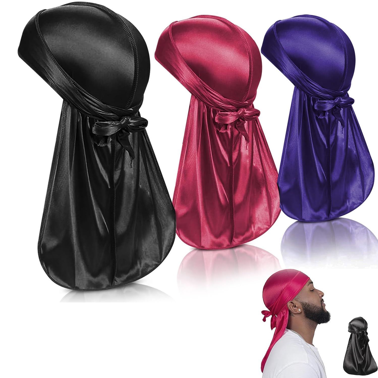 Fizzix3PCS Silky durags Cap Set with Long Tail - Breathable Headwrap for 360 Waves & Hair Protection - Fashionable Do Rag for Men & Women, Ideal for Sports & Sleep(Black,Blue,Rose Red)