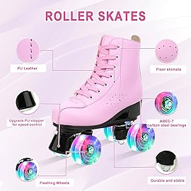jessie Roller Skates Premium PU Leather Roller Skates for Women Classic Four-Wheel Outdoor and Indoor for Adults Women (Flash Wheel,Women\'s 5/ Youth 4)