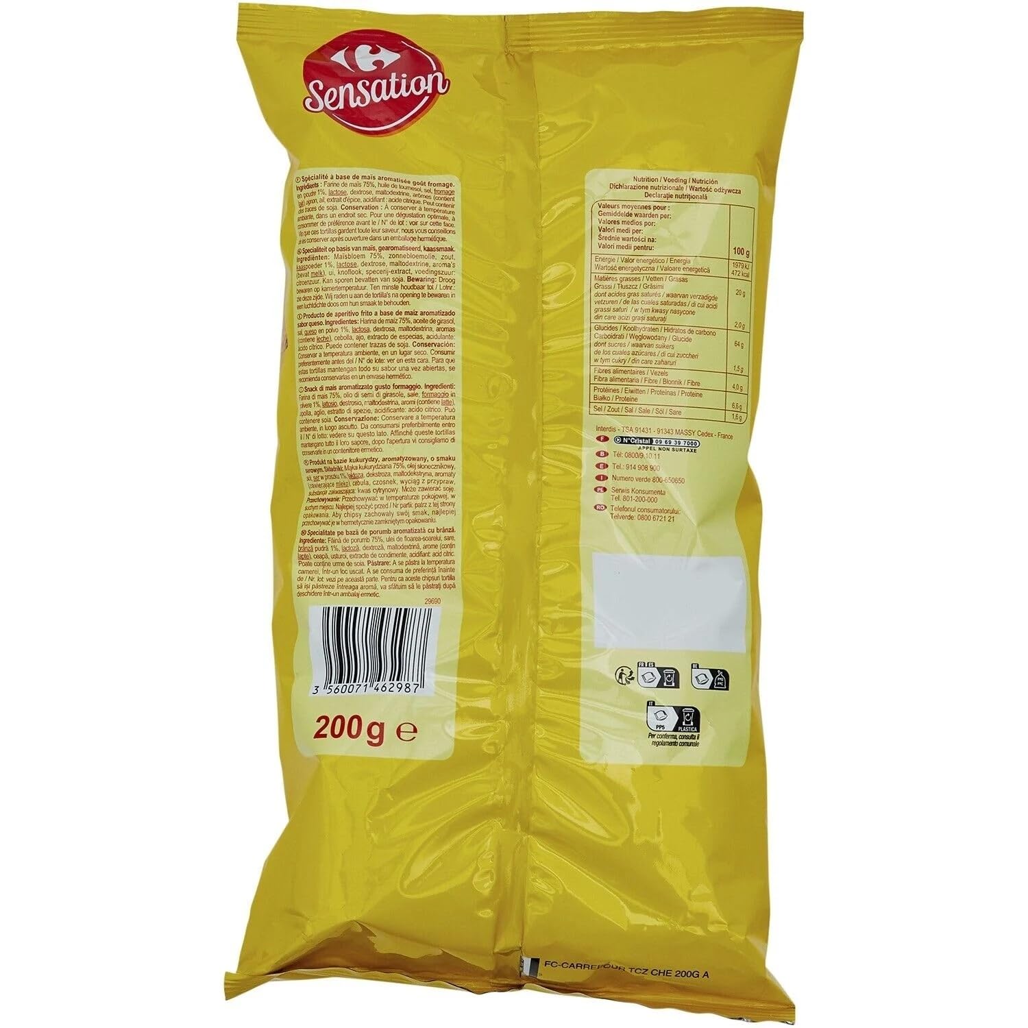 CARREFOUR SENSATION - Tortilla Chips Goût Fromage - Chips de Maïs pour Apéritif - Idéales avec Guacamole, Salsa ou Dip - le sachet de 200 g - Le Lot De 4