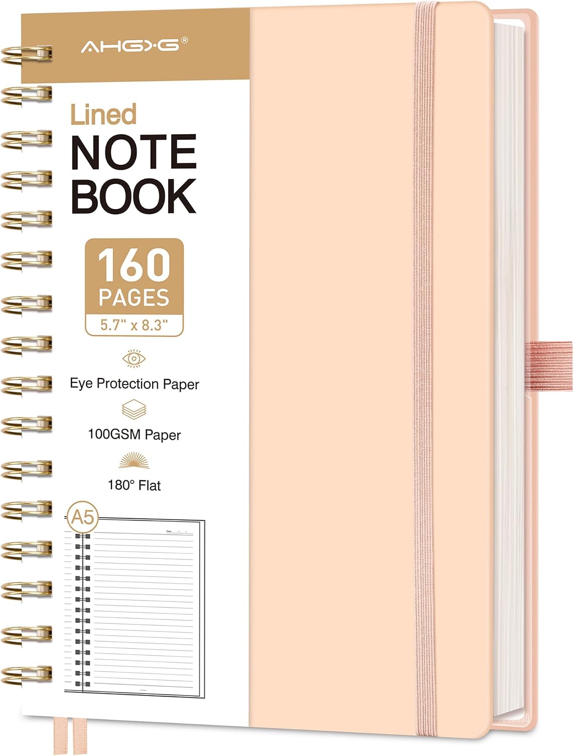 AHGXG Spiral Journal Notebook, 160 Lined Pages, A5 Size (5.7'' x 8.3'')