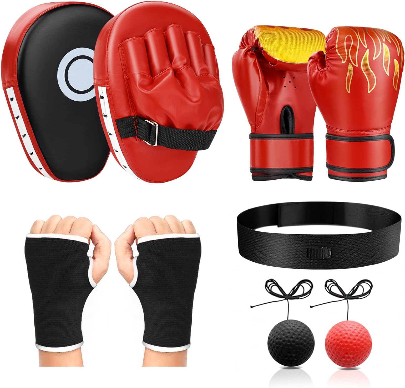4-in-1 Boxing Gloves and Punching Mitts Set for Boys & Girls, Kids Boxing Gloves Focus Pads with Hand Wraps, Boxing Reflex Ball, Boxing Equipment Set for MMA Karate Muay Thai Taekwondo