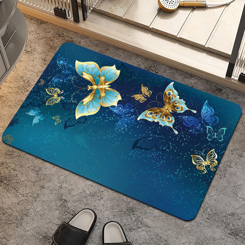 ZHUZHISHAN Bath Mat Rug,Blue and Gold Butterfly Non Slip Quick Dry Super Absorbent Thin Bathroom Rugs Fit Under Door-Easy to Clean Bathroom Floor